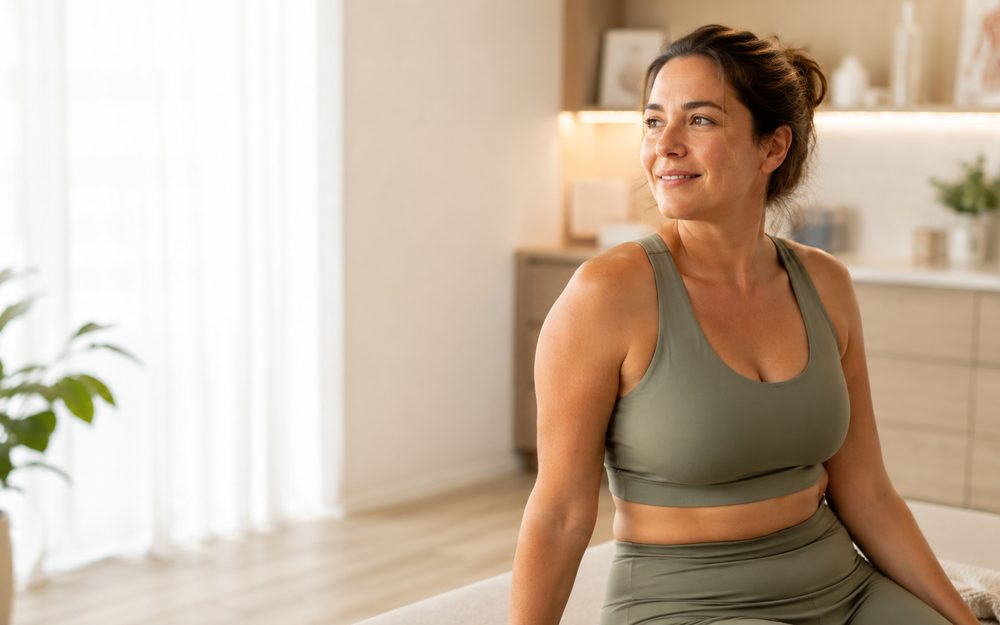 A smiling woman in activewear in a wellness studio